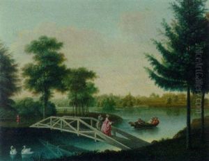 Elegant Figures Crossing A Bridge In A Park Landscape Elegant Figures Crossing A Bridge In A Park Landscape