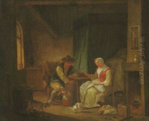 Eine Junge Familie In Einer Stube Mit Dem Tochterchen, Das Erste Gehversuche Unternimmt