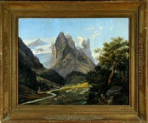 Ausflugler Am Wildbach Mit Almhutten Im Hochgebirge by Philipp Joseph Kraus