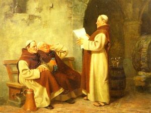 Monks In The Wine Cellar Discussing A Newspaper Article by August Kraus