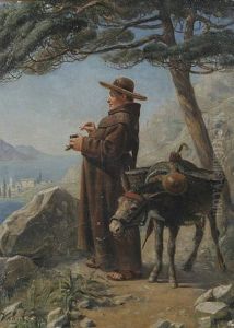 Monch Mit Esel Blickt Von Einer Anhohe Auf Das Meer
