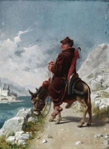 Vergnugter Monch Auf Seinem Esel In Ligurischer Kustenlandschaft by August Kraus