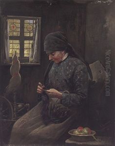 Strickende Bauerin Neben Spinnrocken Und Obstschale An Einem Fenster by Gustave Adolf Krausche