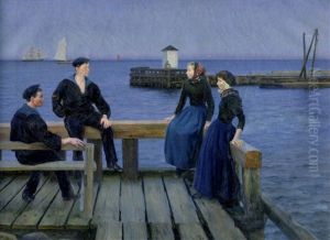Zwei Matrosen Im Gesprach Mit Zwei Magden Im Hafen Von Dragor Nordlich Von Kopenhagen by Emil Axel Krause