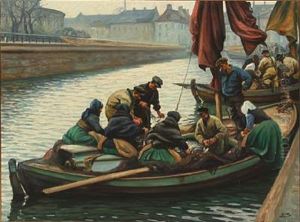 A Scene From Gl. Strand In Copenhagen, Where Fishermen And Wives Are Cleaning Fish On Board The Boats by Emil Axel Krause
