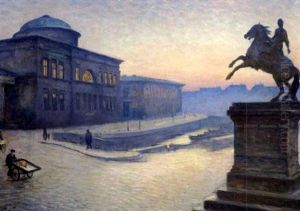 Udsigt Mod  Christiansborg Med Absalons Rytterstatue I Forgrunden, Solnedgang