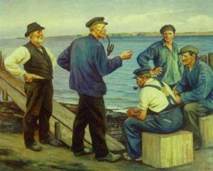 Fiskere I Samtale Ved En Badsbro by Emil Axel Krause