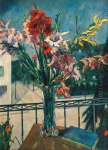 Vase With Gladioli On A Balcony by Erich Krause