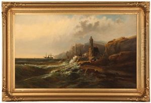 German Coastal View With Figures Near A Lighthouse And A Distant Steam Ship