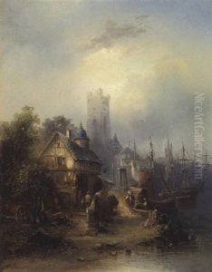 Hafenstadt (in England?) Mit Einer Schenke Und Gotischen Kirchen Sowie Am Kai Abgetakelten Segelbooten