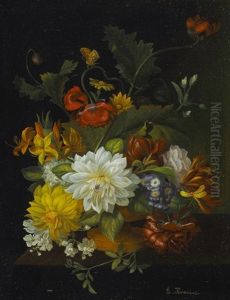 Stillleben Mit Dahlien Und Klatschmohn