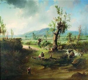 Blick In Ein Weites Tal Im Sommer, Das Im Vordergrund Durch Staffagefiguren Belebt Wird