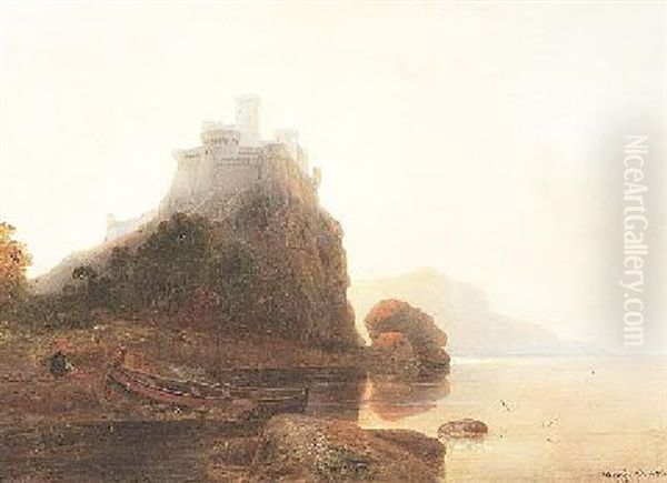 Romantische Seenlandschaft. Vorn Links Eine Burgruine. Abendstimmung - view 1