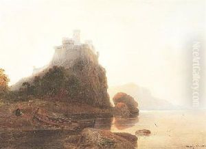 Romantische Seenlandschaft. Vorn Links Eine Burgruine. Abendstimmung