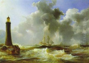Sturmische See Mit Segelschiffen In Der Nahe Eines Leuchtturmes Sturmische See Mit Segelschiffen In Der Nahe Eines Leuchtturmes