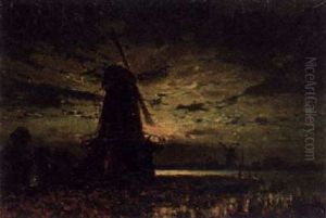 A Dutch Canal Landscape In Moonlight by Wilhelm August Leopold Christian Krause