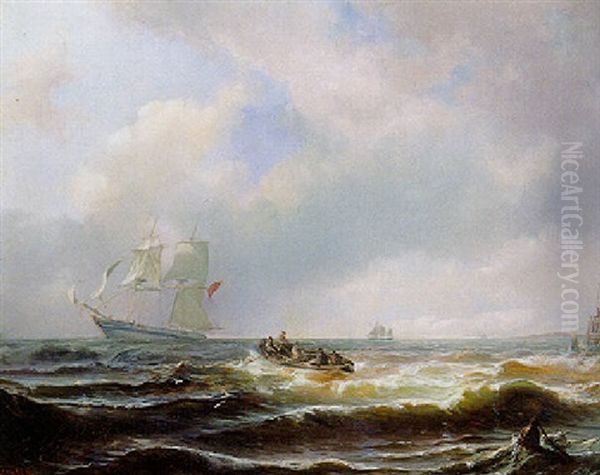 Sailors In A Rowing Boat Approaching A Clipper On A Choppy Sea - view 1