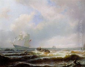 Sailors In A Rowing Boat Approaching A Clipper On A Choppy Sea by Wilhelm August Leopold Christian Krause