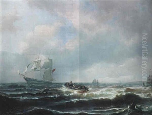 Sailors In A Rowing Boat Heading Towards A Clipper On A Choppy Sea - view 1
