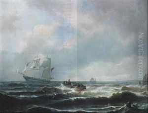 Sailors In A Rowing Boat Heading Towards A Clipper On A Choppy Sea Sailors In A Rowing Boat Heading Towards A Clipper On A Choppy Sea