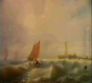 Hafeneinfahrt Bei Sturmischer See (le Havre?) Im            Vordergrund Kampft Ein Ruderboot Gegen Hohe Wellen...