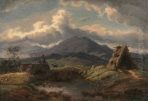 Landschaft Mit Mann Und Hund Auf Einer Kleinen Steinbrucke by Karl Krauss