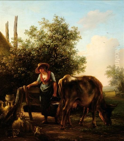 Country Woman With Her Cattle By A Fence In Front Of A Haystack - view 1