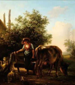 Country Woman With Her Cattle By A Fence In Front Of A Haystack by Simon Andreas Krausz