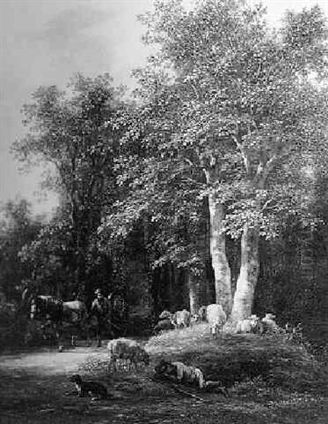 A Shepherd With His Flock In The Woods - view 1