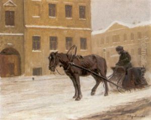 Schlittenfahrt In Einer Verschneiten Stadt by Nikolaj Iwanowitsch Krawtschenko