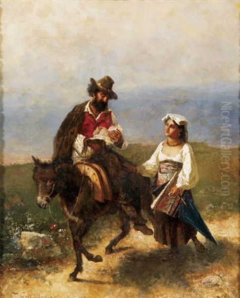 Peasant Couple With Baby Traveling On Donkey - view 1