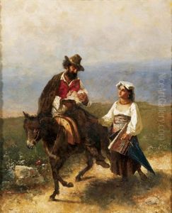 Peasant Couple With Baby Traveling On Donkey by Wilhelm Kray