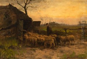 Sheep With Shepherd By The Pen by Fedor Van Kregten