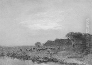 Schafer Mit Herde In Abendlandschaft