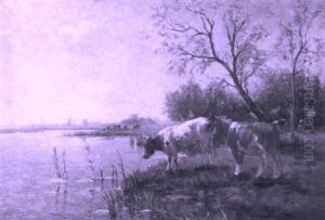 Wooded River Landscape With Cows by Fedor Van Kregten