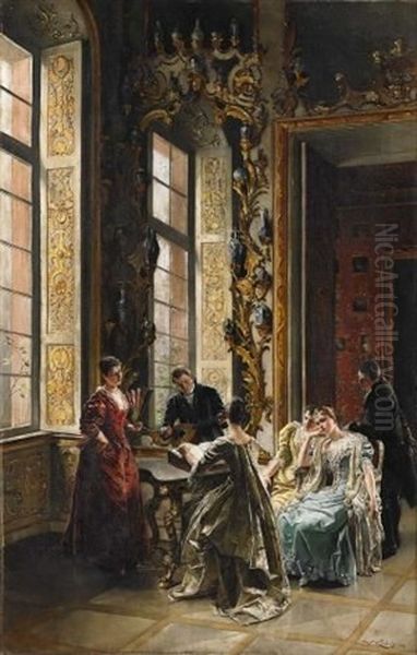 Musizierende Rokkoko-gesellschaft Im Salon. Auf Den Rocaillen Zahlreicher Porzellanschmuck - view 1