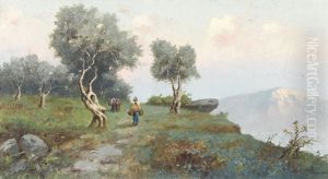 Olivenhain In Sizilien Mit Bauerinnen by Eremino Kremp
