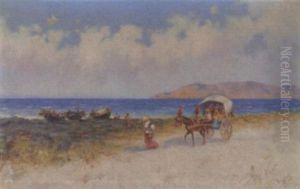 Italienische Kuste Mit Fuhrwerk Und Fischerbooten by Eremino Kremp