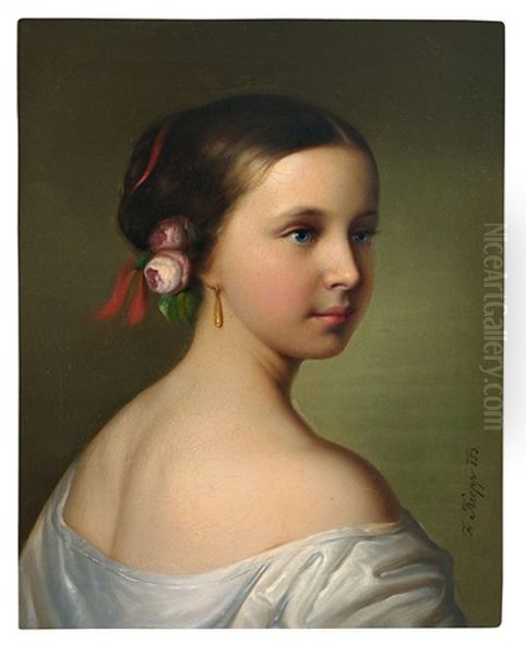 Portrait Eines Jungen Madchens Mit Rosenbluten Im Haar Und Goldenem Pendeloque - view 1