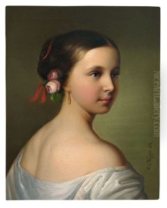 Portrait Eines Jungen Madchens Mit Rosenbluten Im Haar Und Goldenem Pendeloque
