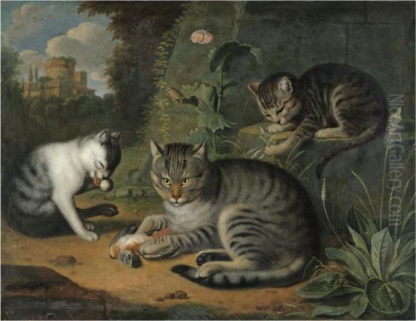 A Still Life With A Cat And Two Kittens In A Landscape - view 1
