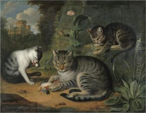 A Still Life With A Cat And Two Kittens In A Landscape by Jacob Samuel Beck