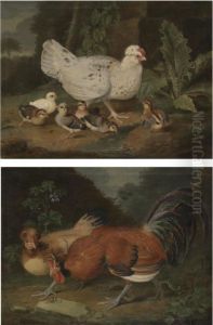 A Landscape With A Cockrel And A Hen;
 A Landscape With A Hen And Her Chicks by Jacob Samuel Beck