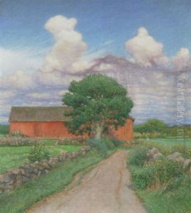 Melby Lada - Sommarlandskap Med Vag Och Rod Byggnad by Nils Kreuger