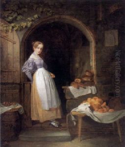 Das Backermadchen Steht Mit Ihren Backwaren In Der Eingangstur Ihres Alten Hauses by Johann Friedrich Karl Kreul