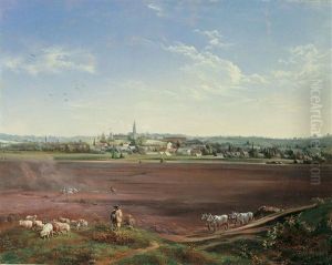 Osterreichische Landschaft Mit Einem Stadtchen Und Bauerlicher Staffage by Conrad Kreutzer
