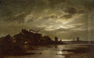 Hollandische Fluslandschaft Mit Hausern Und Windmuhlen Bei Mondschein by Felix Kreutzer