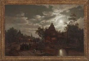 Hollandische Jahrmarktsszene Im Mondschein by Felix Kreutzer