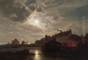 Moonlit Nocturnal Shoreline Scene With Boats Figures And Dwellings