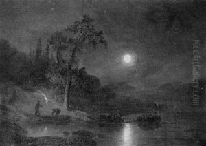 Fishermen In A Nocturnal Landscape by Felix Kreutzer